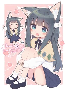 1girl :d animal_ear_fluff animal_ears black_hair black_ribbon black_shoes blue_eyes blue_skirt blush bobby_socks capelet chibi chibi_inset closed_eyes closed_mouth collared_shirt commentary_request commission highres hugging_own_legs knees_up long_hair long_sleeves looking_at_viewer mary_janes miniskirt multiple_views neck_ribbon open_mouth original outline pleated_skirt pom_pom_hat_ornament puffy_long_sleeves puffy_sleeves ribbon shirt shoes sitting skeb_commission skirt sleeves_past_wrists smile socks very_long_hair white_outline white_shirt white_socks yellow_capelet yuune_(ayanepuna)