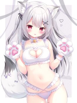 1girl animal_ears animal_hands blush bra breasts cleavage clothing_cutout commentary_request commission cowboy_shot double-parted_bangs fox_ears fox_girl fox_tail frilled_bra frilled_panties frills gloves grey_hair hair_ornament heart_cutout highres indie_virtual_youtuber large_breasts long_hair looking_at_viewer navel nekoboshi_yuki netsuki_cross panties parted_lips paw_gloves red_hair skeb_commission solo stomach tail underwear underwear_only virtual_youtuber white_bra white_panties x_hair_ornament