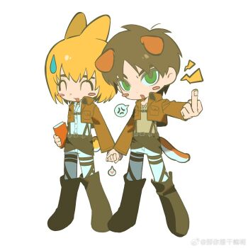 2boys ^_^ anger_vein animal_ears annoyed armin_arlert belt belt_buckle black_belt black_footwear black_shorts blonde_hair blush_stickers book boots brown_hair brown_jacket brown_shirt buckle chest_belt closed_eyes collared_jacket deformed dog_boy dog_ears dog_tail dot_nose eren_yeager fang fingernails floppy_ears full_body heart highres holding holding_book holding_hands jacket kemonomimi_mode long_sleeves male_focus middle_finger military_uniform multiple_belts multiple_boys na_ni_xiang_ganma_ne open_clothes open_jacket open_mouth pants pants_under_shorts paradis_military_uniform pocket rabbit_boy rabbit_ears rabbit_tail shingeki_no_kyojin shirt short_hair shorts shout_lines simple_background smile spoken_anger_vein spoken_heart standing suspender_shorts suspenders sweatdrop tail thick_eyebrows thigh_belt thigh_boots thigh_strap watermark weibo_watermark white_background white_pants yaoi