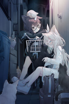 2girls alley animal animal_ears animal_on_head backpack bag bicycle black-framed_eyewear blue_eyes brown_eyes brown_hair cat cat_ears cat_girl commentary_request glasses highres long_hair looking_at_animal multiple_girls on_head original round_eyewear shoes sneakers tokuno_yuika unworn_backpack unworn_bag white-framed_eyewear white_hair
