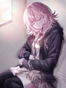 1girl breasts brown_hair collared_shirt commentary_request danganronpa_(series) danganronpa_2:_goodbye_despair flipped_hair hair_ornament highres jacket long_sleeves medium_hair nanami_chiaki neck_ribbon open_clothes open_jacket pink_eyes pink_ribbon pleated_skirt ribbon shirt sitting skirt sleeping sleeping_upright thighhighs white_shirt