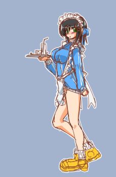 1girl aizawa_sakuya anzai_satsuki apron blue_jacket blush bottomless commentary_request green_eyes grey_hair hair_ornament hairclip hayate_no_gotoku! holding holding_tray jacket legs maid_headdress shoes solo thighs track_jacket tray