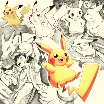 1boy ? animal_ears ash_ketchum baseball_cap black_eyes bright_pupils bulbasaur charizard colored_skin commentary_request gen_1_pokemon hat highres nintendo on_head open_mouth pikachu pikachu_ears pikachu_tail pokemon pokemon_(anime) pokemon_(classic_anime) pokemon_(creature) pokemon_frlg pokemon_on_head pokemon_tail shoupitsuki smile squirtle starter_pokemon_trio sunglasses tail white_pupils yellow_skin