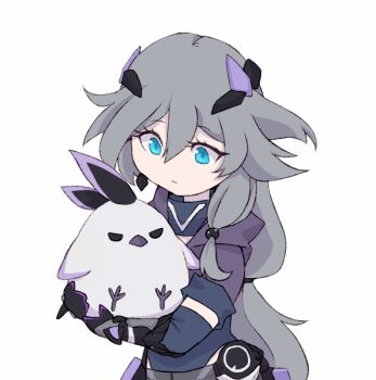 1girl animated animated_gif black_hair black_leotard blue_eyes closed_mouth cloud_ya commentary_request fu_hua fu_hua_(shadow_knight) gauntlets hair_ornament honkai_(series) honkai_impact_3rd jingwei_(bird) leotard long_hair open_clothes ponytail second-party_source shirt simple_background solo upper_body white_shirt