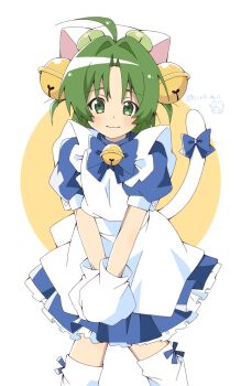 1girl ahoge animal_hat apron bell blue_bow blue_bowtie blue_dress blue_ribbon bow bowtie cat_girl cat_hat cat_tail closed_mouth commentary_request dejiko di_gi_charat dress footwear_ribbon green_eyes green_hair hair_bell hair_intakes hair_ornament hat highres internetneco jingle_bell looking_at_viewer medium_hair mittens neck_bell parted_bangs puffy_short_sleeves puffy_sleeves ribbon shoes short_sleeves sleeve_cuffs smile solo tail tail_bow tail_ornament two_side_up white_apron white_hat white_mittens white_shoes