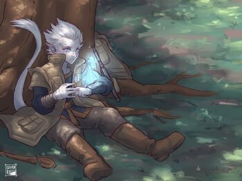 1boy 1girl alien backpack bag blue_eyes boots cane highres hologram jacket outdoors ozuma_ryu pale_skin pointy_ears short_hair signature sitting star_wars tail tree under_tree white_hair