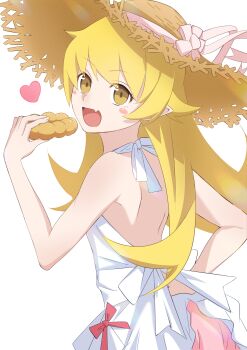 1girl absurdres animal back blonde_hair blush_stickers commentary_request dog dress fang hair_flaps hand_on_own_hip hat heart highres holding holding_animal holding_dog long_hair looking_at_viewer monogatari_(series) open_mouth oshino_shinobu pink_ribbon pointy_ears raikun_nekoneko ribbon skin_fang solo standing straw_hat upper_body white_background white_dress yellow_eyes