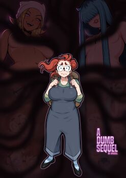 3girls afrobull breasts convenient_censoring copyright_name cover cover_page dark-skinned_female dark_skin english_text glasses hair_over_eyes hat highres large_breasts long_hair maddie_(afrobull) multiple_girls nude open_mouth original red_hair round_eyewear tan tanline teeth title