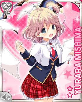 1girl beads blonde_hair blue_jacket bracelet cape flyer girlfriend_(kari) grey_eyes holding hood hood_down jacket jewelry looking_at_viewer mishima_yurara necklace neckwear_request official_art open_mouth pink_background plaid_clothes plaid_skirt qp:flapper red_skirt short_hair side_ponytail skirt solo standing surprised tagme wind