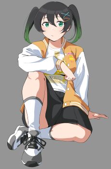 1girl :/ absurdres black_hair black_skirt breasts closed_mouth commentary full_body green_hair grey_background grey_shoes hair_between_eyes hair_ornament highres jacket knee_up letterman_jacket long_sleeves looking_at_viewer love_live! love_live!_fan_fun_festival love_live!_nijigasaki_high_school_idol_club medium_hair miniskirt official_alternate_costume open_clothes open_jacket orange_jacket pleated_skirt shirt shoes simple_background sitting skirt sneakers solo takasaki_yu twintails uchuu_no_mozuku white_shirt x_hair_ornament
