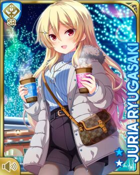 1girl :d black_shorts blonde_hair card_(medium) character_name coat cup espresso_(drink) girlfriend_(kari) grey_leggings holding holding_cup jewelry leggings night official_art open_mouth outdoors qp:flapper red_eyes ryugasaki_juria shorts smile standing sweater tagme white_coat white_sweater winter winter_clothes