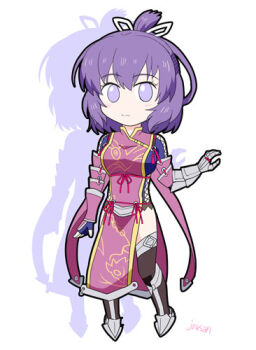 1girl ao_no_kiseki black_socks bob_cut china_dress chinese_clothes closed_mouth commentary_request double-parted_bangs dress eiyuu_densetsu full_body gauntlets hair_between_eyes hair_rings looking_at_viewer lowres purple_eyes purple_hair rixia_mao short_hair silhouette simple_background single_gauntlet single_vambrace smile socks solo vambraces white_background xiacheng_tatsuya zero_no_kiseki