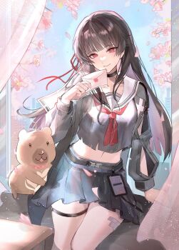 Rule 34 | 1girl, arm cutout, black choker, black hair, black jacket, black serafuku, black shirt, black skirt, cherry blossoms, chisa (wuthering waves), choker, closed mouth, clothing cutout, commentary, envelope, falling petals, hair ribbon, highres, holding, holding envelope, jacket, long hair, mewutd, mole, mole under eye, namipon (wuthering waves), neckerchief, petals, pink petals, red eyes, red neckerchief, red ribbon, ribbon, sailor collar, school uniform, serafuku, shirt, skirt, white sailor collar, wuthering waves