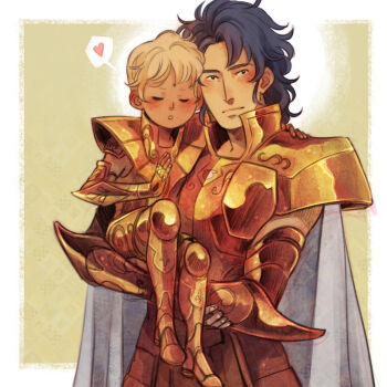 2boys :o aged_down alternate_hair_length alternate_hairstyle ameliecausse armor bindi blonde_hair blue_hair blush cape carrying carrying_person child child_carry closed_eyes cowboy_shot facial_mark forehead_mark gemini_saga gold_armor gold_cloth gold_saint hand_up heart highres male_focus medium_hair multiple_boys parted_lips pauldrons saint_seiya short_hair shoulder_armor speech_bubble spoken_heart u_u virgo_shaka white_cape