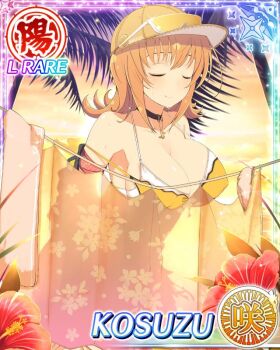 1girl ahoge baseball_cap bikini border breasts card_(medium) changing_room character_name choker cleavage closed_eyes curtains english_text eyewear_on_head flower game_cg green_eyes hat kosuzu_(senran_kagura) large_breasts medium_hair ocean official_alternate_costume official_art orange_hair palm_tree red_flower see-through_curtains senran_kagura senran_kagura_new_wave smile solo sunset swimsuit tree wet yellow_bikini