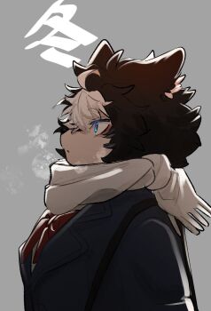 1girl aya_(arioriak) black_fur black_hair black_jacket blue_eyes body_fur breath dog_girl furry furry_female grey_background highres husky jacket looking_to_the_side original scarf short_hair simple_background solo translation_request upper_body white_scarf