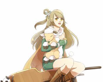 1girl alchemist_(ragnarok_online) amistr_(ragnarok_online) boots breasts brown_boots brown_cape brown_eyes brown_hair cape chasewalk commentary dress elbow_gloves english_commentary feet_out_of_frame fingerless_gloves fur_collar gloves green_dress green_gloves long_hair looking_at_viewer love_live! love_live!_school_idol_project medium_breasts minami_kotori one_side_up open_mouth pullcart ragnarok_online sheep short_dress simple_background sitting smile solo strapless strapless_dress white_background