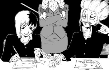 1girl 2boys asagiri_gen asymmetrical_hair bandages black_background bow braid collared_shirt crossed_arms desk doran_(doran7280) dr._stone face_mark facial_tattoo gakuran greyscale grin hair_bow hanada_nikki head_out_of_frame holding holding_pen ishigami_senkuu jacket long_hair long_sleeves looking_at_another monochrome multicolored_hair multiple_boys paper pen pencil_skirt pointer pointing school_uniform shirt short_hair sitting skirt smile snake spiked_hair sweat tattoo teacher_and_student twin_braids two-tone_hair