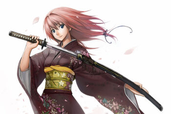 Rule 34 | 1girl, blue eyes, female focus, japanese clothes, katana, kimono, kurojishi, red hair, sheath, short hair, solo, sword, unsheathing, weapon