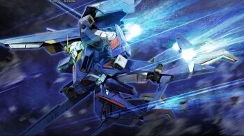 aeug battle beam_cannon copyright_notice energy_beam gundam gundam_battle_operation_2 gundam_msv machinery mecha mecha_focus mobile_suit motion_blur no_humans official_art painting_(medium) realistic robot scan science_fiction space sunrise_(company) tenjin_hidetaka thrusters traditional_media v-fin z_ii_gundam