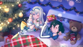 2girls aizawa_kazuha animal animal_on_shoulder assault_lily bare_shoulders bed blanket blue_bow blue_eyes blue_hair blue_hairband blue_jacket blue_ribbon bow box breasts christmas christmas_ornaments christmas_stocking christmas_tree closed_eyes clothing_cutout commentary_request copyright_notice cross-laced_clothes cross-laced_cutout detached_sleeves dress dress_bow finger_to_cheek flower fur-trimmed_dress fur-trimmed_sleeves fur_trim fur_wrist_cuffs gift gift_box grey_dress grey_hair hair_flower hair_ornament hair_ribbon hairband hairclip hamster hamster_on_shoulder hands_up hat highres holding holding_gift jacket jewelry long_hair looking_at_viewer lying multiple_girls myaco9 official_alternate_costume official_art on_bed on_side one_eye_closed parallel_hairclips parted_lips pom_pom_(clothes) pom_pom_hair_ornament ribbon ring santa_hat short_hair short_sleeves sleeping sleeveless sleeveless_dress small_breasts sparkle stomach_cutout stuffed_animal stuffed_toy teddy_bear track_jacket tsuboi_nanaho two_side_up under_covers white_flower wrist_cuffs zipper_pull_tab