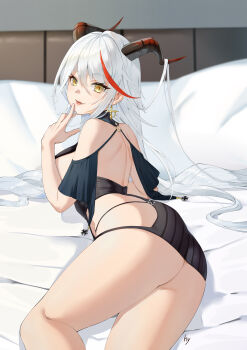 1girl absurdly_long_hair absurdres aegir_(azur_lane) ass azur_lane backless_outfit bare_shoulders bareback black_skirt breast_curtains breasts cross cross_earrings demon_horns earrings finger_to_mouth hair_between_eyes hair_on_horn heiyu highres horns iron_cross jewelry large_breasts long_hair looking_at_viewer looking_back lying microskirt multicolored_hair on_bed on_side red_hair skirt solo streaked_hair underbust very_long_hair white_hair yellow_eyes