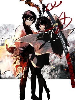 Rule 34 | 1boy, 1girl, 4th match flame (e.g.o), antennae, black dress, black eyes, black hair, black pants, black shirt, bob cut, border, closed mouth, coat, dress, e.g.o (project moon), full body, grey background, highres, limbus company, long sleeves, looking at viewer, nakame77, pants, project moon, red eyes, red ribbon, ribbon, ryoshu (project moon), shirt, short hair, simple background, smoke, standing, weapon, white border, white coat, yi sang (project moon)