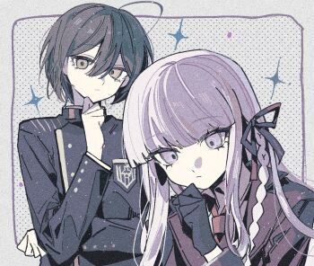 arm_up black_hair black_jacket black_ribbon blunt_bangs border braid brown_eyes brown_necktie buttoned_cuffs buttons closed_mouth collared_jacket collared_shirt commentary_request danganronpa_(series) danganronpa_2:_goodbye_despair danganronpa_v3:_killing_harmony double-parted_bangs eyelashes hair_between_eyes hair_ribbon hand_to_own_mouth jacket kirigiri_kyoko lapels layered_sleeves light_frown long_sleeves necktie notched_lapels outside_border purple_hair ribbon saihara_shuichi shirt side_braid upper_body wing_collar yuzu_(parasitic_910)