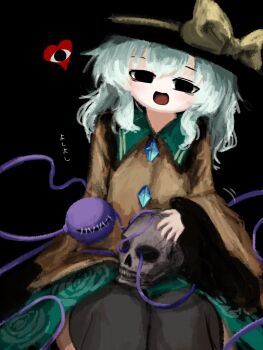 Rule 34 | 1girl, black background, black eyes, black hat, black thighhighs, bow, buttons, collared shirt, diamond button, empty eyes, eyeball, floral print, frilled sleeves, frills, green hair, green skirt, hat, hat bow, heart, heripantomorrow, komeiji koishi, long sleeves, looking at viewer, open mouth, print skirt, rose print, shirt, simple background, skirt, skull, smile, solo, thighhighs, third eye, touhou, translation request, wide sleeves, yellow bow, yellow shirt