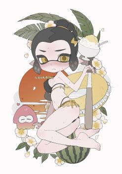 1girl arm_support bare_shoulders barefoot baseball_bat bikini black_bikini black_hair blush breasts closed_mouth embarrassed flower food forehead frilled_innertube frills frown fruit full_body gomi20021021 groin hair_bun hair_flower hair_ornament highleg highleg_bikini highres holding holding_baseball_bat inkling inkling_girl inkling_player_character innertube lightning_bolt lightning_bolt_hair_ornament lightning_bolt_symbol looking_at_viewer lying navel nintendo on_side pointy_ears shaved_ice short_hair simple_background single_hair_bun splatoon_(series) squid stomach sweat swim_ring swimsuit tentacle_hair watermark watermelon white_background white_flower yellow_eyes yellow_pupils