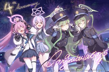 &gt;_&lt; 4girls aerial_fireworks armband black_gloves black_tail blue_archive blue_armband demon_tail double_v english_text fingerless_gloves fireworks gloves green_hair green_halo halo hat hikari_(blue_archive) koyuki_(blue_archive) making_faces multiple_girls night night_sky nozomi_(blue_archive) official_art pantyhose peaked_cap reisa_(blue_archive) school_uniform siblings sisters sky tail train_conductor twins v white_pantyhose