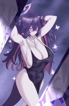 1girl absurdres ahoge armpits ass breasts bug butterfly cleavage colored_skin dress fins fish_tail halo halo_around_horn highres indie_virtual_youtuber insect jewelry large_breasts long_hair magnetocx7 mark_under_both_eyes megalodon_(vtuber) necklace pearl_necklace purple_eyes purple_skin shark_girl shark_tail sideboob tail thick_thighs thighs virtual_youtuber