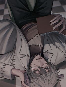 1boy absurdres black_pants book chair checkered_floor cigarette coat franken_stein_(soul_eater) glasses green_eyes grey_hair highres holding holding_book lab_coat long_sleeves looking_at_viewer male_focus object_through_head on_chair on_floor pants patchwork_clothes screw_in_head smile smoking solo soul_eater stitched_face stitches tevry white_coat
