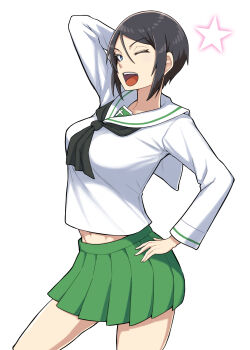 Rule 34 | 1girl, ;d, alternate costume, arm behind head, arm up, black eyes, black hair, blouse, chouno ami, cowboy shot, cropped legs, girls und panzer, green skirt, hand on own hip, highres, long sleeves, looking at viewer, midriff, midriff peek, miniskirt, navel, neckerchief, one eye closed, ooarai school uniform, open mouth, pleated skirt, sailor collar, school uniform, serafuku, shirt, short hair, simple background, skirt, smile, solo, standing, star (symbol), swept bangs, white background, white sailor collar, white shirt, yougata