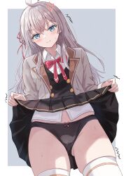 1girl absurdres ahoge alisa_mikhailovna_kujou anger_vein azakura_(beniyomogi) black_panties black_skirt black_vest blue_background blue_eyes blush border clothes_lift collared_shirt commentary dress_shirt gluteal_fold grey_hair grey_jacket hair_ribbon highres jacket lifting_own_clothes long_hair neck_ribbon open_clothes open_jacket outside_border panties pleated_skirt pout red_ribbon ribbon school_uniform shirt skindentation skirt skirt_lift solo sweatdrop thighhighs tokidoki_bosotto_roshia-go_de_dereru_tonari_no_alya-san underwear vest white_border white_shirt white_thighhighs