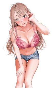 Rule 34 | 1girl, bare arms, bare shoulders, blush, bra, breasts, brown eyes, brown hair, check copyright, cleavage, closed mouth, collarbone, copyright request, denim, denim shorts, earrings, foreshortening, fuyuno kamome, hand on own thigh, heart, heart earrings, highres, jewelry, lace, lace bra, leaning forward, long hair, navel, original, pink bra, short shorts, shorts, smile, solo, straight hair, swept bangs, transparent background, tucking hair, underwear
