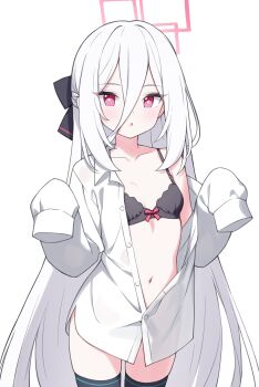 Rule 34 | 1girl, absurdres, black bow, black bra, black thighhighs, blue archive, blush, bow, bow bra, bra, breasts, bright pupils, buttons, chinese commentary, collarbone, collared shirt, commentary request, cowboy shot, hair between eyes, hair bow, halo, hands up, highres, jyt, kei (blue archive), kei (new body) (blue archive), long bangs, long hair, long hair between eyes, long sleeves, looking at viewer, making-of available, navel, no pants, parted lips, partial commentary, partially open shirt, partially unbuttoned, pink eyes, pink halo, rectangular halo, red bow, ringed eyes, shirt, sidelocks, simple background, single bare shoulder, sleeves past fingers, sleeves past wrists, small breasts, solo, thighhighs, underwear, very long hair, white background, white hair, white pupils, white shirt