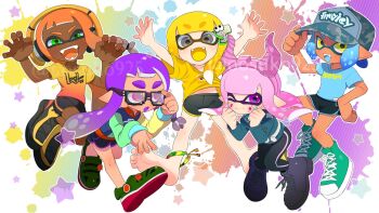 5girls :d :o adjusting_clothes adjusting_eyewear adjusting_headwear anklet arms_up asymmetrical_hair barefoot baseball_cap bike_shorts black-framed_eyewear black_leggings black_shorts blonde_hair blue_hair blue_hat blue_shirt blue_tongue braid claw_pose clenched_hands clothes_writing colored_tongue commentary crocs dark-skinned_female dark_skin dolphin_shorts english_commentary fake_horns fangs flower full_body glasses gradient_clothes gradient_shirt green_eyes green_footwear green_jacket grey_eyes hair_ornament hairband hairclip hand_on_own_hip hat headphones highres hood hood_down hoodie horn_hairband horns inkling inkling_(language) inkling_girl inkling_player_character jacket jewelry leggings long_hair looking_at_viewer midriff_peek multicolored_hoodie multiple_girls naoki_(oosuko) nintendo one_eye_closed open_mouth orange_hair orange_tongue pink_eyes pink_hair pink_hairband purple_eyes purple_hair purple_tongue purple_trim red_shirt shirt shoes short_hair short_sleeves shorts single_braid smile sneakers splatoon_(series) splatoon_3 tentacle_hair thick_eyebrows two-tone_shirt uneven_eyes w watermark yellow_eyes yellow_flower yellow_shirt yellow_tongue