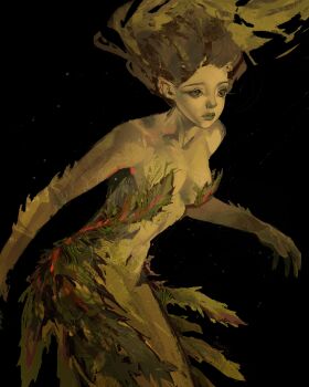 1girl absurdres arm_spikes black_background black_eyes commentary covered_erect_nipples english_commentary expressionless floating_hair green_lips hand_up highres leaning_forward looking_to_the_side mermaid monster_girl original overgrown painterly seaweed simple_background solo twulfs