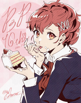 1girl :p absurdres black_jacket bow cake commentary copyright_name cream cream_on_face dated finger_to_mouth food food_on_face fruit hair_ornament hairclip hands_up highres holding holding_cake holding_food jacket long_sleeves looking_at_viewer persona persona_3 persona_3_portable pink_background portrait red_bow red_eyes red_hair shiomi_kotone short_hair signature solo strawberry strawberry_cake symbol-only_commentary tongue tongue_out two-tone_background whipped_cream white_background wing_collar yokaroni