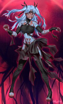 Rule 34 | 1girl, angra mainyu (fate), angra mainyu (fate) (cosplay), angra mainyu (third ascension) (fate), bandaged arm, bandaged chest, bandaged foot, bandaged leg, bandaged neck, bandages, black bandages, black headband, black panties, black ribbon, black skirt, blue eyes, blue hair, blue lips, breasts, chest sarashi, clenched hand, commentary, cosplay, criss-cross halter, dark-skinned female, dark skin, english commentary, evil smile, facing viewer, fate/grand order, fate/hollow ataraxia, fate (series), full-body tattoo, full body, fusion, glowing, glowing tattoo, hair ribbon, halterneck, headband, heart, heart tattoo, highres, long hair, long legs, looking to the side, navel, outline, panties, possessed, red background, red nails, red outline, red theme, revealing clothes, ribbon, ryairyai, sarashi, skirt, small breasts, smile, solo, tattoo, teeth, tohsaka rin, torn clothes, torn skirt, two side up, underwear, variant set, very long hair