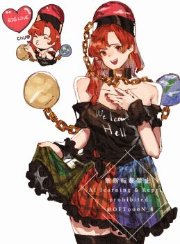 1girl absurdres balloon bare_shoulders black_shirt black_thighhighs blue_sky breasts chibi chibi_inset cleavage clothes_writing collar collarbone frilled_cuffs frilled_skirt frills hat heart_balloon hecatia_lapislazuli highres kiss long_hair medium_breasts multicolored_skirt off-shoulder_shirt off_shoulder oftooon open_mouth plaid_clothes plaid_skirt red_eyes red_hair red_hat red_skirt shirt simple_background skirt sky smile solo thighhighs touhou white_background wrist_cuffs zettai_ryouiki