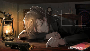 1boy akke_(akke299) black_jacket black_nails black_suit bracelet brown_hair bullet cellphone chair clock closed_mouth collared_shirt copyright_notice desk desk_lamp earrings english_text formal_clothes grey_eyes gun handgun indoors jacket jewelry kanae_(nijisanji) lamp long_sleeves looking_at_viewer male_focus multiple_rings nail_polish necktie nijisanji one_eye_closed phone ponytail revolver ring sample_watermark shirt sitting smartphone smile solo suit table upper_body virtual_youtuber watch watermark weapon white_shirt wristwatch