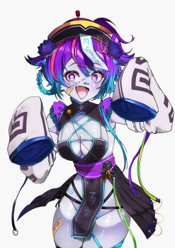 1girl :d absurdres bandaid bandaid_on_face bandaid_on_nose blue_eyes blue_hair blush braid braided_hair_rings breasts cleavage colored_skin commentary commission cowboy_shot detached_sleeves english_commentary fang flower gradient_hair grey_skin groin hair_between_eyes hair_flower hair_ornament hair_rings hands_up hat heart heart-shaped_pupils highres indie_virtual_youtuber jiangshi_costume kghazir looking_at_viewer medium_breasts melody_(projektmelody) melody_(projektmelody)_(jiangshi) multicolored_hair official_alternate_costume ofuda ofuda_on_head open_mouth pelvic_curtain purple_hair purple_sash red_hair sash simple_background skeb_commission sleeves_past_fingers sleeves_past_wrists smile solo stitched_face stitches streaked_hair symbol-shaped_pupils tongue virtual_youtuber white_background wide_sleeves