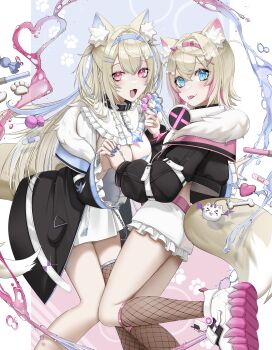 2girls :3 :d :p absurdres animal_collar animal_ear_fluff animal_ears bandaid bandaid_hair_ornament belt bib_collar black_collar black_jacket blonde_hair blue_eyes blue_hair blue_hairband blue_nails breasts brown_socks brown_thighhighs candy cartoon_bone center_frills cleavage collar colored_shoe_soles commentary_request cookie cropped_jacket crossed_bangs dakemichan detached_collar dog_ears dog_girl dog_tail double-parted_bangs donut dress fake_horns fangs fishnet_socks fishnet_thighhighs fishnets food frilled_shirt_collar frilled_shorts frilled_sleeves frills fur-trimmed_jacket fur_trim fuwawa_abyssgard fuwawa_abyssgard_(1st_costume) hair_between_eyes hair_intakes hair_ornament hairband hairclip headphones headphones_around_neck highres holding holding_food holding_hands hololive hololive_english horns interlocked_fingers jacket kneehighs large_breasts liquid long_hair long_sleeves looking_at_viewer mococo_abyssgard mococo_abyssgard_(1st_costume) multicolored_hair multiple_girls nail_polish off_shoulder open_mouth perroccino_(fuwamoco) pink_belt pink_eyes pink_hair pink_nails pon_de_ring puffy_long_sleeves puffy_sleeves shoes short_dress short_hair short_shorts shorts siblings single_thighhigh sisters smile sneakers socks spiked_collar spikes streaked_hair tail thighhighs tongue tongue_out twins two_side_up virtual_youtuber white_dress white_footwear white_shorts x_hair_ornament