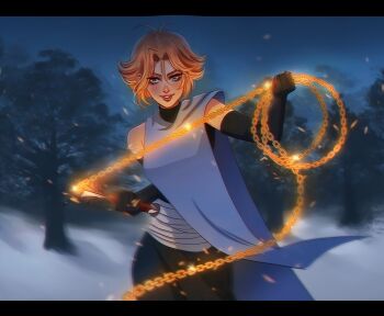 1girl almond_aulait bandaged_torso black_border black_gloves black_pants blonde_hair blue_tabard border castlevania:_nocturne castlevania_(series) chain cowboy_shot elbow_gloves fighting_stance forest gloves hair_between_eyes highres holding holding_chain nature outdoors pants parted_bangs parted_lips short_hair smile snow solo sypha_belnades tabard