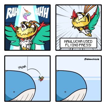 1other aura_(idrawshizzle) bird blank_eyes claws closed_mouth feathers flying_press_(pokemon) furry gen_3_pokemon gen_6_pokemon hawlucha highres luchador luchador_mask mask mega_evolution_symbol mega_hawlucha mega_pokemon nintendo open_mouth plume pokemon pokemon_(creature) pokemon_focus sound_effects spotlight wailord whale wing_cape wings