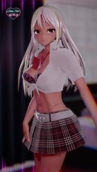 1girl 3d animated audible_music belt bra breasts cleavage dancing front-tie_top gyaru highres interior large_breasts long_hair looking_at_viewer lovemax mikumikudance_(medium) multicolored_hair original school_uniform shirt skirt solo sound tagme tied_shirt underwear video white_belt