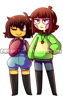 2others alternate_costume bad_id blue_overalls blush blush_stickers brown_eyes brown_hair chara_(undertale) collared_sweater denim denim_overalls denim_shorts dreamy-94 frisk_(undertale) green_sweater hand_on_own_hip heart heart_necklace highres jewelry kneehighs locked_arms multiple_others necklace non-web_source one_eye_closed overalls puffy_hair puffy_shorts purple_sweater red_eyes shorts socks source_request striped_clothes striped_sweater sweater undertale utdr_(toby_fox) watermark web_address yellow_sweater