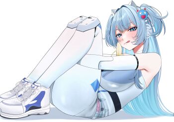 1girl absurdres animal_ear_headphones animal_ears banana bare_shoulders bent_back between_breasts blue_eyes blue_hair blush bodypaint bodysuit breasts cat_ear_headphones cat_ears commentary_request curled_up detached_sleeves earpiece fake_animal_ears food fruit full_body goddess_of_victory:_nikke headphones headset highres hugging_own_legs knees_up large_breasts long_hair looking_at_viewer mecha_shifty_(nikke) mekami_shifty_(nikke) multicolored_bodysuit painted_clothes shoes short_twintails simple_background sneakers solo tongue tongue_out tuki_neko9 twintails white_background white_bodysuit
